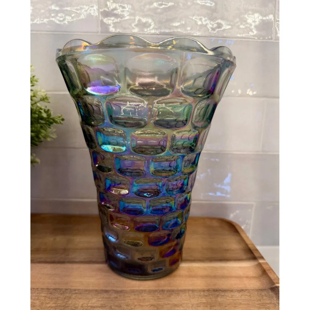 Iridescent Carnival Glass Vase Honeycomb Block Optic Scalloped Rim Smoke Luster‎